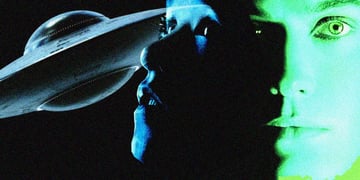 A human, an AI and a spaceship in an eerie image.