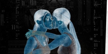 two AI women in black shirts with long hair hugging