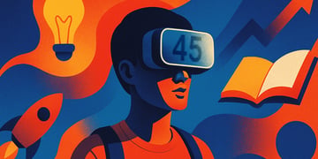 A student wearing a VR mask with the number 45 displayed on it.