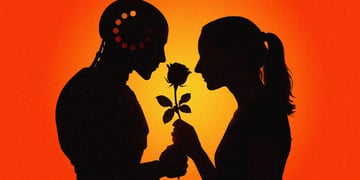 A couple smelling a flower.