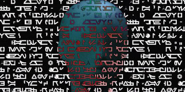 Complex coded language written over the head of an alien.