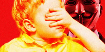 red anonymous mask, blonde boy covering his eyes, yellow