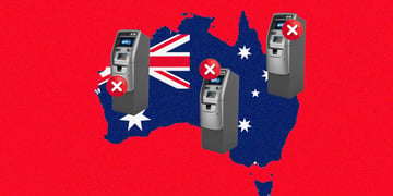 australia map and flag in red background with 3 atms with X