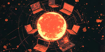 orange laptops orbiting like plates around the sun in black background