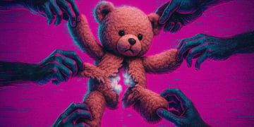 brown teddy bear being torn by six black hands, pink background