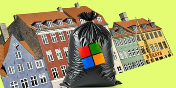 4 danish homes in line, yellow background, black trash bag in front with meta loto