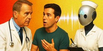 two men, green shirt, doctors coat, AI robot, taking notes, healthcare