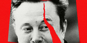 Elon Musk in a ripped photo on a red background.