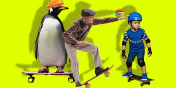 clundflare logo on penguin, google logo on mane on skates, boy
