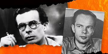 Magazine cutouts of Philip K. Dick and Aldous Huxley.