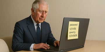 king charles on suit on grey laptop, sticky yellow note password