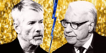 Two finance figures backed by a golden background.