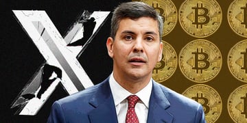 latino man in white suit and red tie, X logo on the left, bitcoin on the right