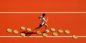 man in shorts and white t-shirt jogging in stadium full of bitcoin