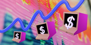 computer screens with dollar signs under a blue chart gong up