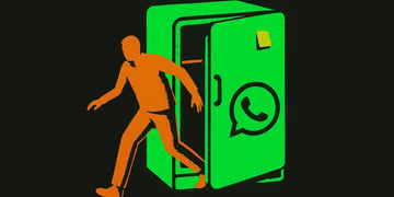 green fridge, whatsapp logo, yellow sticky note, orange man