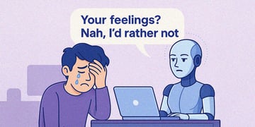 replica bot in front of computer abusing sad crying man