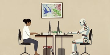 black woman behid a desk on left, robot behing a desk on right