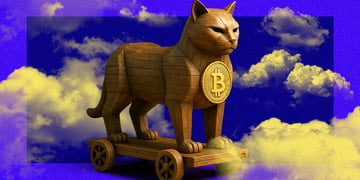 brown wooden cat sculpture, golden bitcoin, yellow clouds