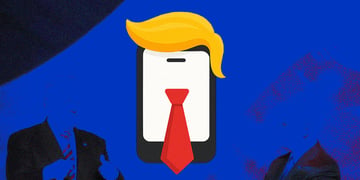 black smartphone with white screen, red tie, and trump yellow hair