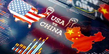 chinas map against usa map with fists up