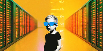 blonge boy, black shirt, yellow glasses, green and orange servers