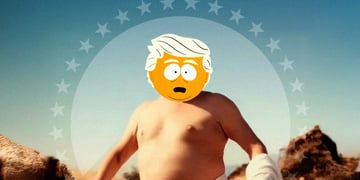 A South-Park style Donald Trump head on top of the Paramount logo.