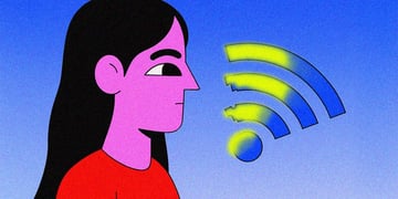 woman in red shirt and black hair looks at wifi signal that is disrupted