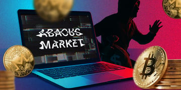 abacus market white distorted sign on broken laptop screen, bitcoin