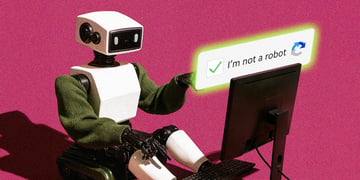 A robot sitting using a computer; CAPTCHA; bot verification
