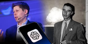 A split-screen of Sam Altman and Oppenheimer.