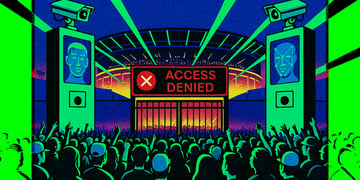 A futuristic gig with facial recognition equipment outside with big "access denied" signs.
