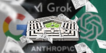 pentagon building, green garden, Open AI, Google, Grok, Anthropic logo, money