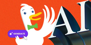 duckduckgo duck waving to AI, range background, green tie