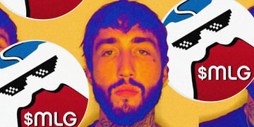 A mugshot of FaZe Banks atop a colorful MLG coin backdrop.