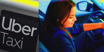 brunette in blue driving a car, Uber Taxi logo