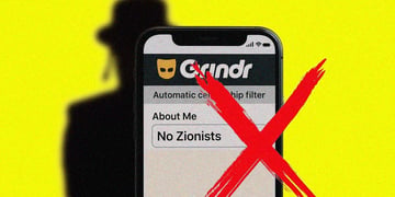 A red cross representing a ban over a Grindr screen with a shadow of a Jew in the background.
