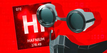 hafnium, black and grey goggles, red background