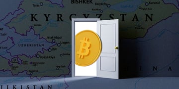 kyrgyzstan blue and green map, grey open door, bitcoin, white light
