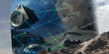 UFOs and weapons in a sci-fi epic illustration.