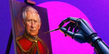 A robotic arm painting a portrait of King Charles.