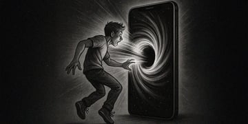 A user is sucked in into a smartphone pictured as a black hole