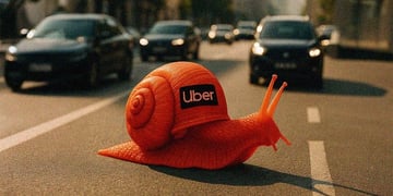 orange snail with black uber logo in the middle of the road with six black cars