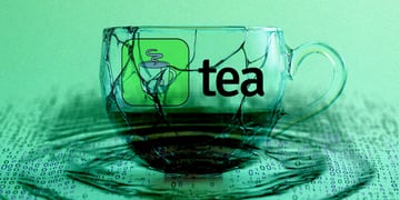 transparent green broken tea cup with tea logo spilling numbers