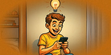 Animated teenager smiling at a mobile phone; good idea