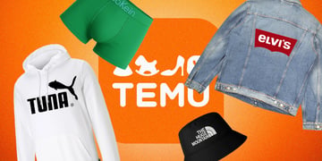 temu logo, oange background, white jumper, green undies, jeans jack