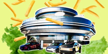 A futuristic Tesla diner surrounded by Tesla cars amid a backdrop of lettuce and french fries.