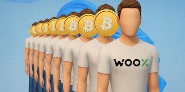 nine faceless animated men in line, woox logo