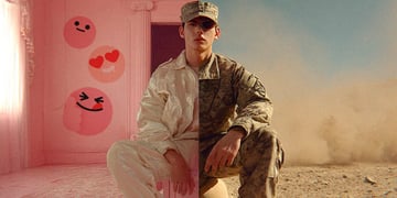 A split-screen of an influencer and army soldier.