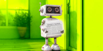 A cute AI bot fetching the morning newspaper.